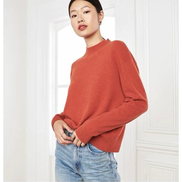 Quince 100% Mongolian Cashmere Sweater L Orange Mock Neck Cropped Boxy Preppy - Picture 1 of 8